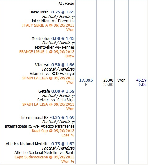 Contoh Taruhan Mix Parlay dengan satu tim win setengah, 1 tim seri dan 1 tim lose setengah