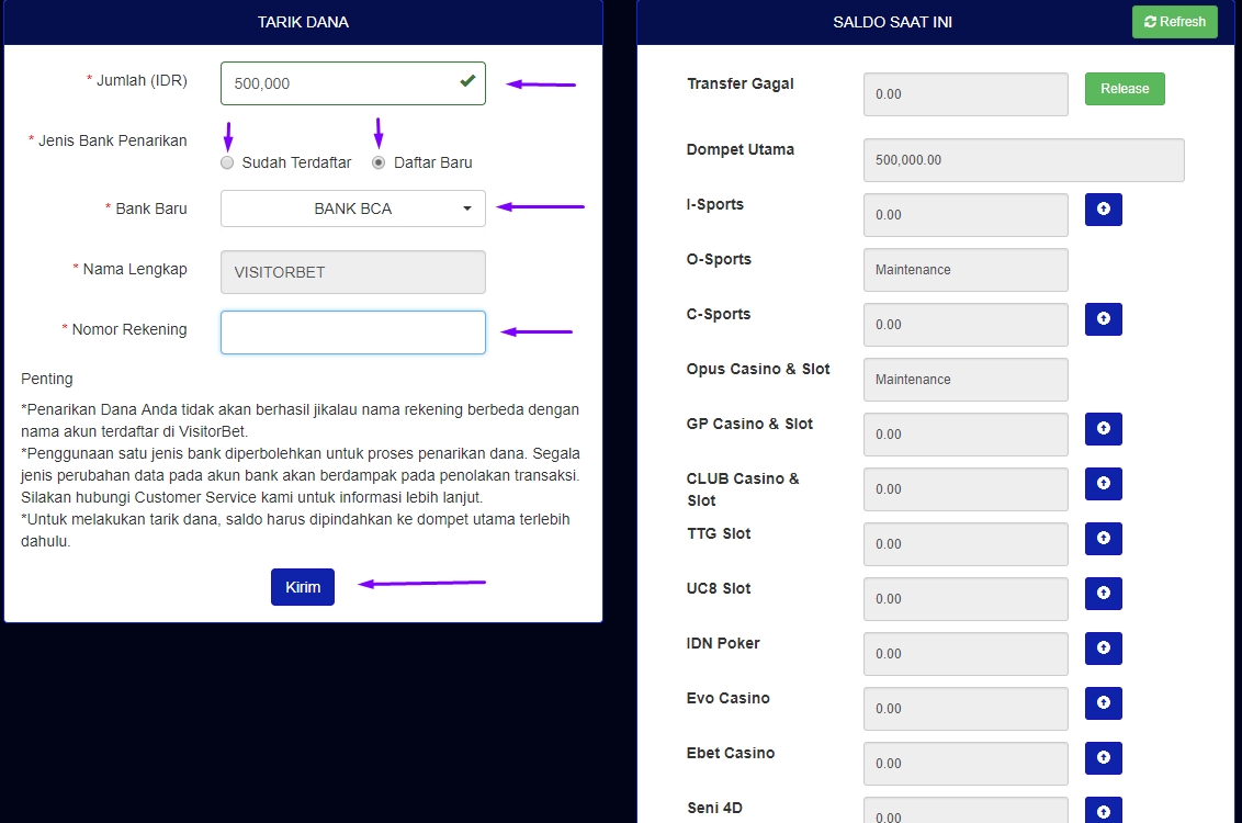 Panduan Cara Melakukan Penarikan Atau Withdraw di Visitorbet