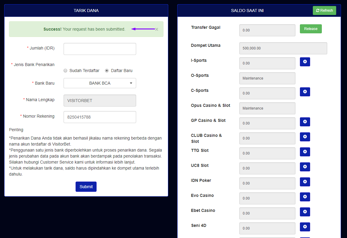 Panduan Cara Melakukan Penarikan Atau Withdraw di Visitorbet